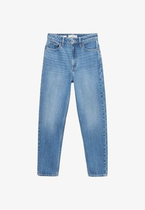 Jeans de mezclilla azul claro con un diseño de pierna recta, que cuentan con una cintura alta, cinco bolsillos y un cierre de cremallera. Tejido texturizado con un acabado desvaído.