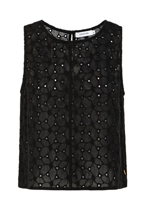 Zwarte mouwloze top met ronde hals, voorzien van een bloemig kantpatroon met kleine ronde uitsparingen en een knoopsluiting aan de achterkant.