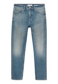 Jeans din denim bleu deschis cu un design drept, având cinci buzunare și cusături contrastante. Prezența decolorărilor pe coapse și genunchi.