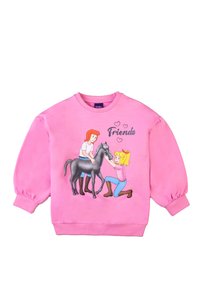Felpa rosa con una grafica raffigurante due bambini e un cavallo nero, accompagnata dal testo "Amici" e cuori decorativi. Realizzata in tessuto morbido con polsini elasticizzati.