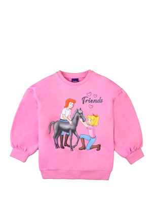 Rosa Sweatshirt mit einem grafischen Print von zwei Kindern und einem schwarzen Pferd, versehen mit dem Text "Freunde" und Herz-Akzenten. Hergestellt aus weichem Stoff mit elastischen Bündchen.