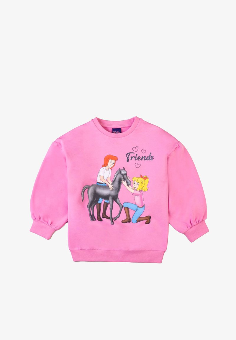 Felpa rosa con una grafica raffigurante due bambini e un cavallo nero, accompagnata dal testo "Amici" e cuori decorativi. Realizzata in tessuto morbido con polsini elasticizzati.