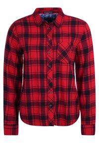 Camisa de cuadros en rojo y negro, fabricada con un tejido de textura suave. Presenta un cuello, mangas largas y un bolsillo en el pecho.