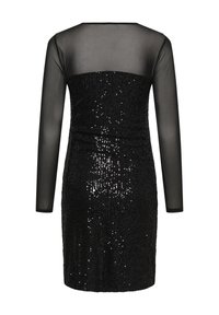 Mustast sädelustega kleit, millel on kitsas siluett, pikad läbipaistvad varrukad ja tekstuuriga kangas, sujuva seljaosalise disaini ja põlvepikkuse lõikega.