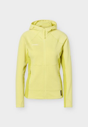 Světlounce žlutá mikina na zip s kapucí, dlouhými rukávy, předními kapsami a jemnou texturou, navržená pro venkovní použití.