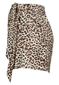 Leopardenmuster-Wickelrock in Beige und Braun. Verfügt über eine Bindung an der Taille und einen weichen Stoff mit fließendem Design und einem leicht asymmetrischen Saum.