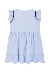 Abito a righe blu con maniche a volant, gonna arricciata e una piccola patch a forma di orsetto sul retro. Tessuto in cotone con una consistenza morbida.