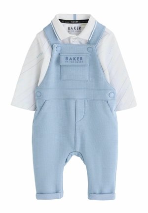 Baby outfit with light blue textured overalls and white collared shirt with subtle diagonal pattern and brand name print.