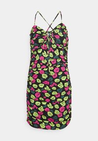 Blumenkleid mit schwarzem Grund, das leuchtend pinke, grüne und blaue Blumen zeigt. Gerafftes Design mit verstellbaren Trägern und einer gebundenen Vorderseite.