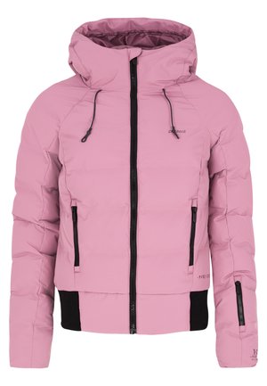 Roze pufferjack met capuchon, voorzien van zwarte ritsaccenten en twee zijzakken met rits. Geproduceerd van een textuur met geïsoleerd materiaal voor warmte.