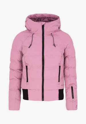 Ružová prešívaná bunda s kapucňou, s čiernymi zipsovými detailmi a dvoma bočnými vreckami na zips. Textúrovaný, izolovaný materiál pre teplo.