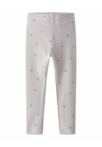 Leggings côtelés rose clair avec de petites impressions florales dispersées, conçus pour les enfants, dotés d'une ceinture élastique pour le confort.