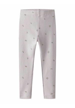 Leggings côtelés rose clair avec de petites impressions florales dispersées, conçus pour les enfants, dotés d'une ceinture élastique pour le confort.