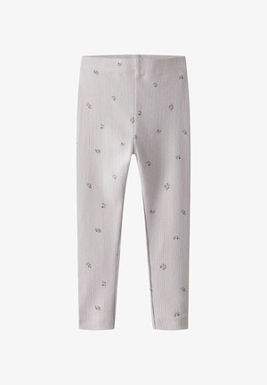 Leggings rosa chiaro a coste con piccoli motivi floreali sparsi, progettati per bambini, con una cintura elastica per il comfort.