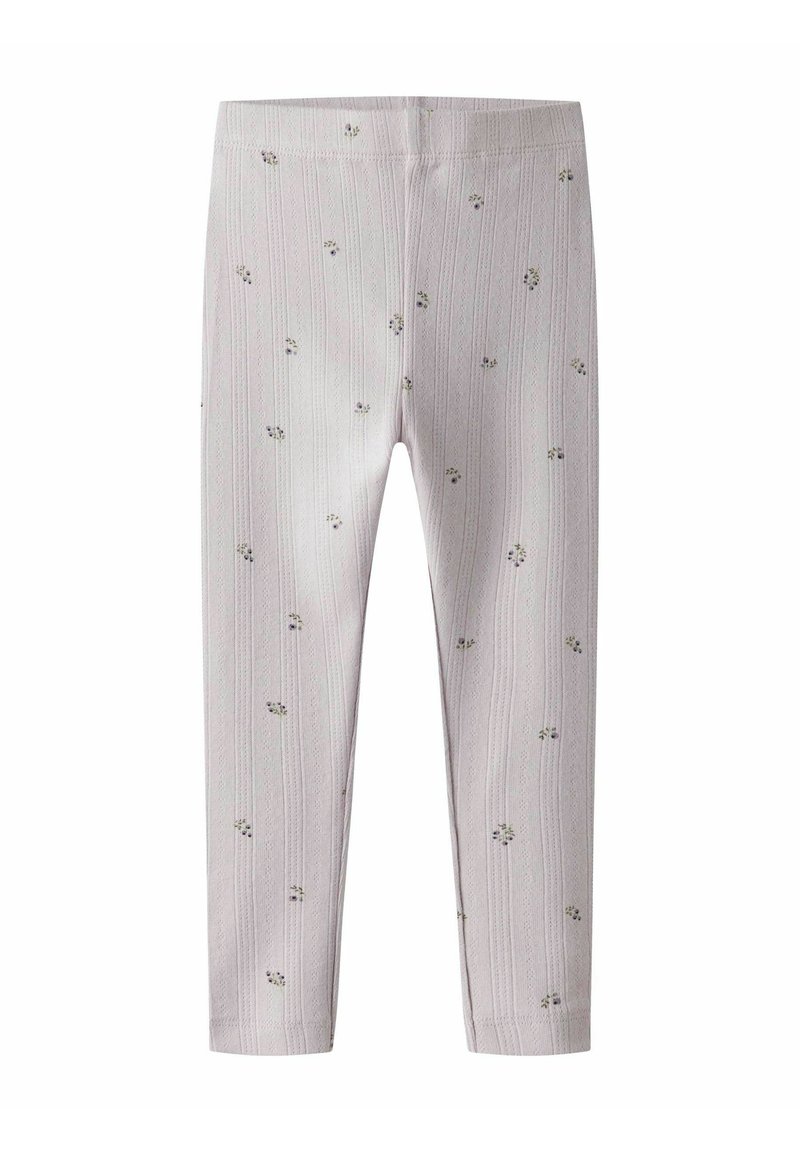 Leggings côtelés rose clair avec de petites impressions florales dispersées, conçus pour les enfants, dotés d'une ceinture élastique pour le confort.