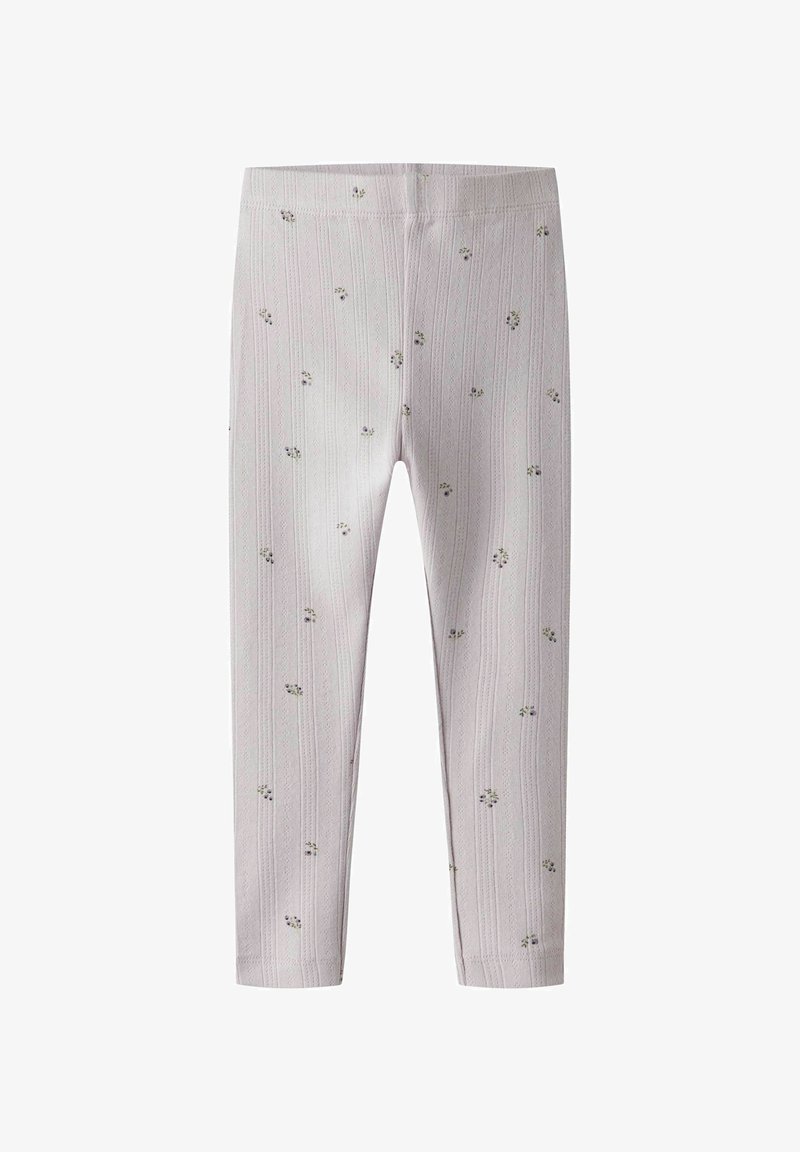 Leggings côtelés rose clair avec de petites impressions florales dispersées, conçus pour les enfants, dotés d'une ceinture élastique pour le confort.