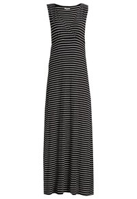 Robe maxi à rayures noires et blanches avec un décolleté en V, sans manches, et une silhouette fluide, faite d'un tissu doux et extensible.