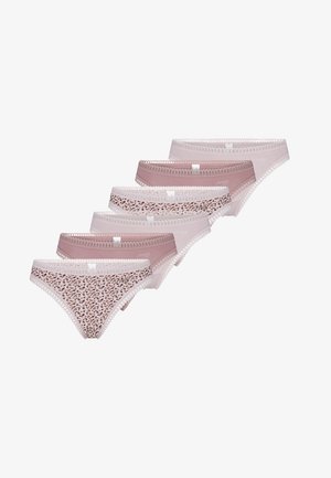 Five pairs of hipster panties in varying shades of pink, featuring lace trim. One pair has a spotted pattern; rest are solid colors.