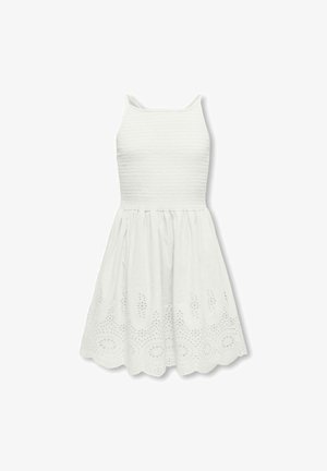 Vestido blanco sin mangas con cuerpo fruncido, falda plisada y dobladillo ondulado con bordado floral calado.