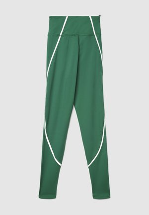Grüne Sportleggings aus dehnbarem Material, mit weißen Akzentlinien an den Seiten und einem hohen Taillendesign.