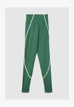 Grüne Sportleggings aus dehnbarem Material, mit weißen Akzentlinien an den Seiten und einem hohen Taillendesign.