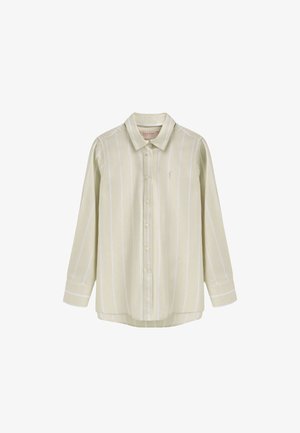 Hellgelbes Langarm-Hemd mit Knopfleiste, das weiße vertikale Streifen, einen Kragen und ein kleines Logo auf der Brust aufweist. Glatte Stoffstruktur.