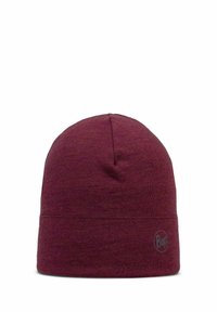 Dark red knitted beanie with a subtle branded logo near the bottom edge, shown on a white background.