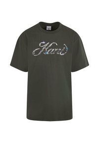Dark green cotton t-shirt with short sleeves. Features a decorative textured "Hard" logo in silver with blue accents across the chest.