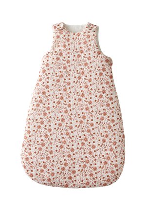 Quilted sleeping bag in white cotton with a floral pattern in shades of pink and brown. Sleeveless design, rounded bottom, and soft texture.