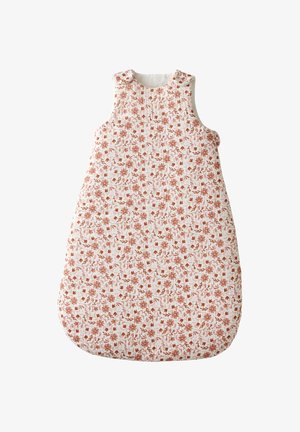 Quilted sleeping bag in white cotton with a floral pattern in shades of pink and brown. Sleeveless design, rounded bottom, and soft texture.