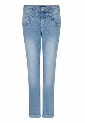 Lichtblauwe spijkerbroek van denim met knoop- en ritssluiting, voor- en achterzakken, en licht opgerolde pijpen.