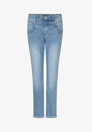 Lichtblauwe spijkerbroek van denim met knoop- en ritssluiting, voor- en achterzakken, en licht opgerolde pijpen.