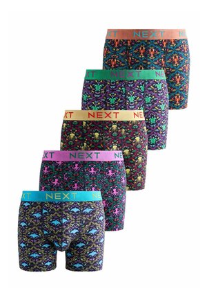 Päť párov pánskych boxeriek s farebnými vzormi morského života a kontrastnými elastickými pásmi s nápisom „NEXT“ v rôznych farbách.