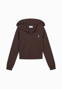 Felpa corta marrone in tessuto morbido, con tasca frontale, scollo a V profondo e cappuccio grande. Piccolo logo sul petto.