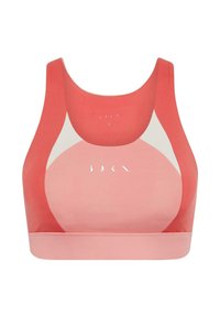 Coral sports bra with wide straps, a round neckline, color-blocked design featuring lighter accents, and subtle branding on the front.