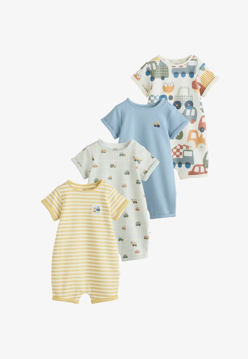 Četiri kratka baby kombinezona s kratkim rukavima u žutim prugama, krem boje s malim automobilima, jednobojni plavi s traktorom i bijeli s uzorkom šarenih kamiona.