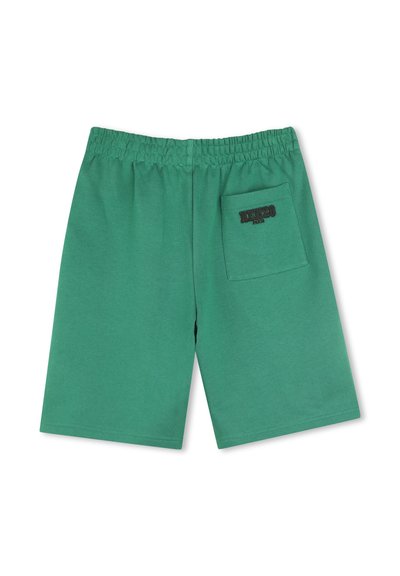 Groene katoenen shorts met een elastische tailleband en een achterzak met het "Kenzo"-logo in zwart. Glad stoftextuur, casual ontwerp.
