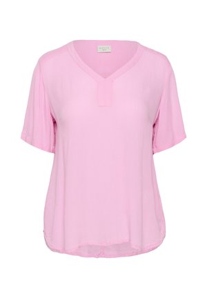 Hellrosa kurzärmlige Bluse mit V-Ausschnitt und lockerem Schnitt, aus leichtem, strukturiertem Stoff gefertigt.
