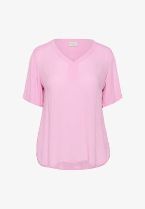 Hellrosa kurzärmlige Bluse mit V-Ausschnitt und lockerem Schnitt, aus leichtem, strukturiertem Stoff gefertigt.
