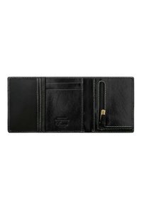 Portafoglio in pelle nera con superficie testurizzata, dotato di scomparti per carte, una tasca trasparente per l'ID e un comparto con zip. Cuciture bianche a contrasto.