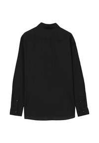 Chemise noire à manches longues en tissu léger. Dotée d'un col, de poignets à boutons et d'un ourlet droit. Design simple sans motifs.