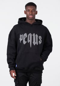 Black hoodie with a large gray print, featuring the word "pequs." Includes a front pocket and drawstring hood, made from textured fabric.