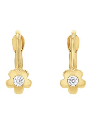 Złote kolczyki w kształcie kwiatu z centralnym okrągłym akcentem diamentowym, gładką teksturą i zapięciem na zatrzask. Elegancki kwiatowy design.