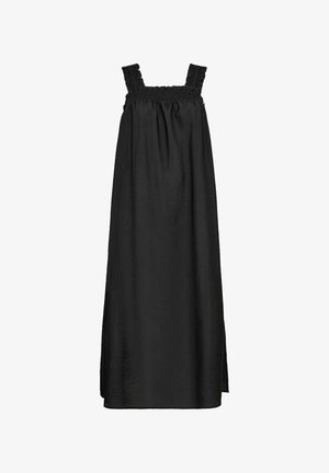 Crna maksi haljina s volanastim naramenicama, elastičnim smotavanjem na tijelu i lepršavim krojem. Izrađena od laganog materijala.