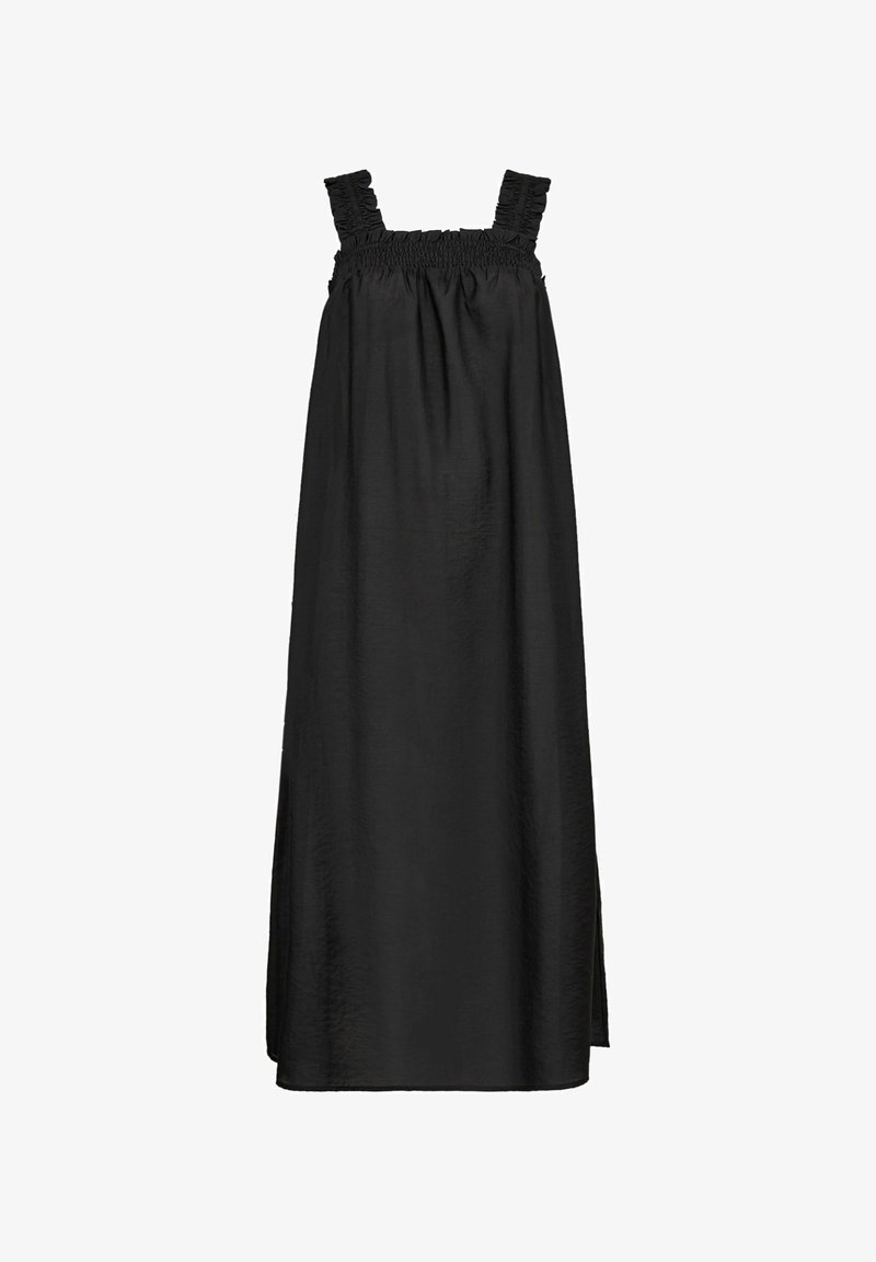 Robe maxi noire avec des bretelles froncées, smocks élastiques au niveau du buste et une silhouette fluide. Fabriquée en tissu léger.