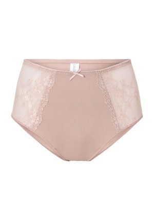 Beige high-waisted panties with lace side panels and a small decorative bow at the front. Smooth fabric with a slightly sheer texture.