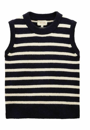 Marineblau-weißer gestreifter ärmelloser Pullover aus weichem Strickmaterial, mit einem gerippten Rundhalsausschnitt und ärmellöchern.
