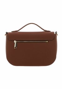 Borsa in pelle marrone con forma arrotondata, manico superiore e tasca frontale con zip. Presenta cuciture visibili e dettagli in metallo dorato.