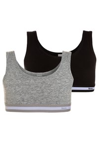Dva tank-top modrčka v črni in sivi barvi, narejena iz mehkega bombaža. Obe imata širok elastičen pas s kontrastnim logotipom in prugastimi detajli.