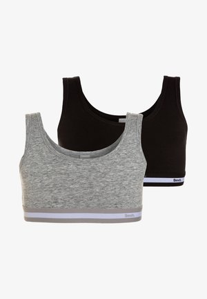 Kaksi tankkipaitaa mustana ja harmaana, valmistettu pehmeästä puuvillasta. Molemmissa on leveä joustava vyötärö, jossa on erottuva logo ja raidoitettu yksityiskohta.